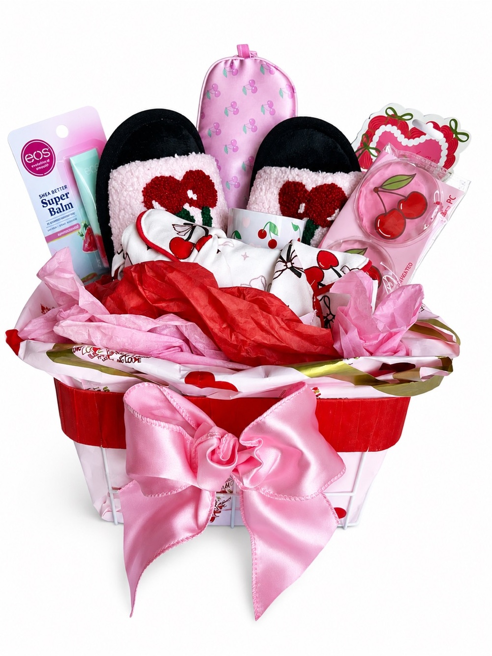 Cherry-Themed Pink Gift Basket with PJ’s and Slippers